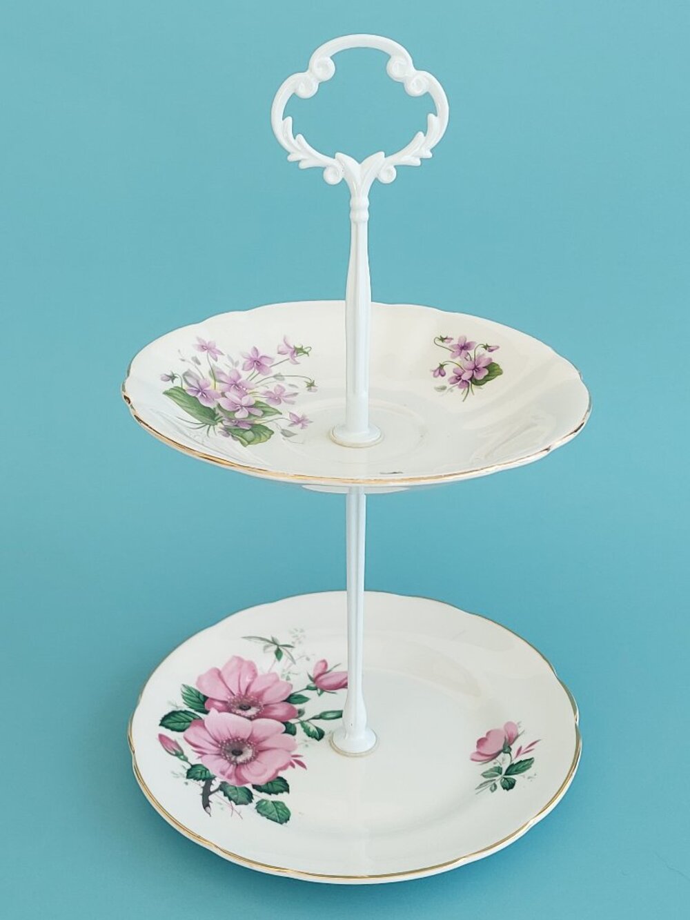 Vintage Mismatched 2-Tier Bone China Cake Stand Pink & Purple Floral